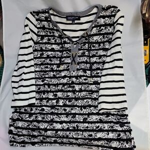 Jones New York Signature Petite Black and White Striped Floral Blouse PM